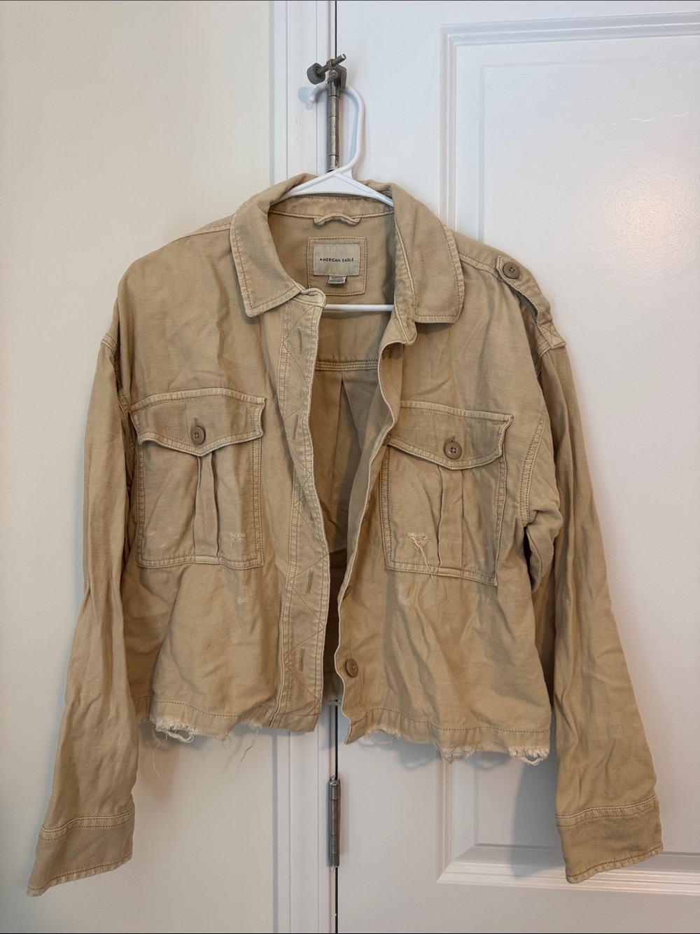American Eagle Cropped Tan Utility Jacket with Front Flap Pockets
